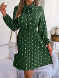 Polka Dot Tie Neck Pleated Dress - Trendsi - Flyclothing LLC