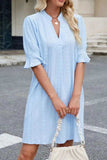 Jacquard Texture Flared Short Sleeve Notched Neck Mini Dress - Trendsi - Flyclothing LLC