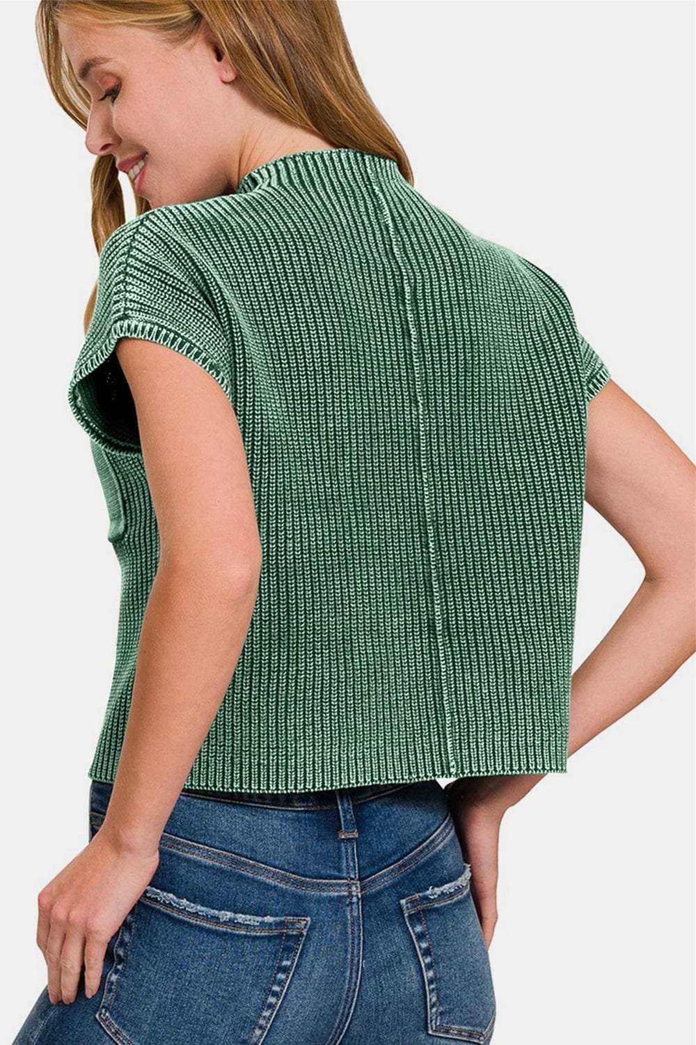Zenana Washed Mock Neck Short Sleeve Cropped Sweater - Trendsi - Flyclothing LLC