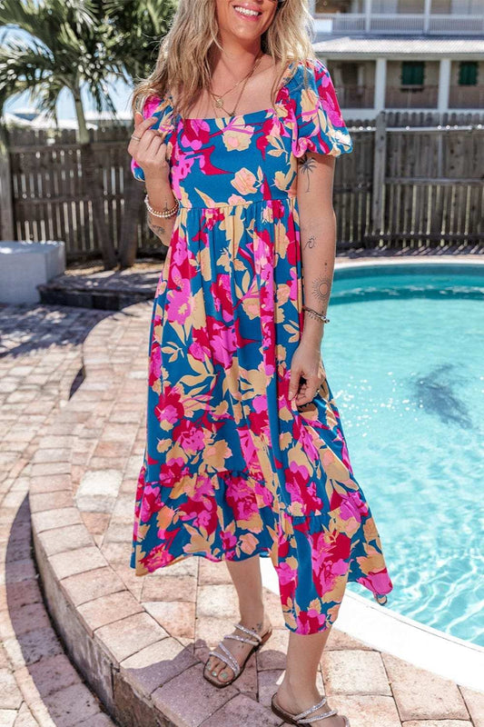 Printed Square Neck Short Sleeve Midi Dress - Trendsi - Flyclothing LLC
