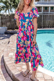 Printed Square Neck Short Sleeve Midi Dress - Trendsi - Flyclothing LLC