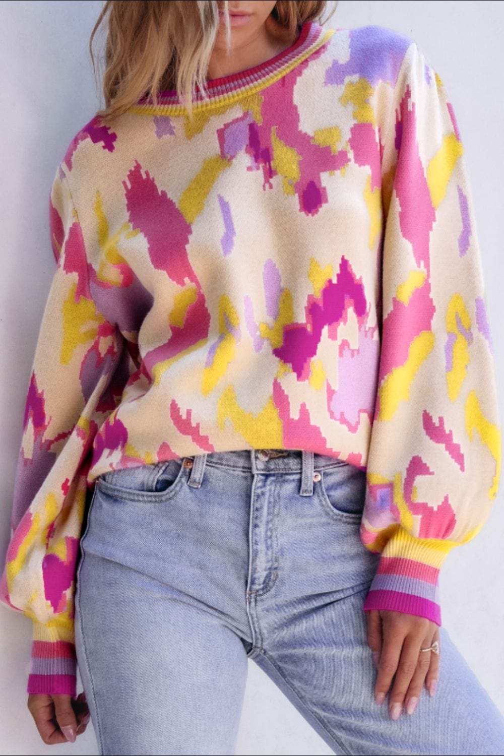 Contrast Round Neck Long Sleeve Sweater - Trendsi - Flyclothing LLC