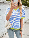 Lovelet Striped Contrast Round Neck Half Sleeve Knit Top - Trendsi - Flyclothing LLC
