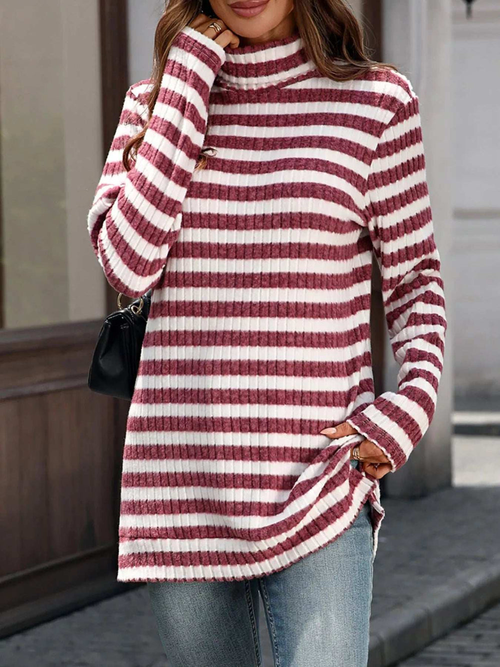 Striped Turtleneck Long Sleeve Knit Top - Trendsi - Flyclothing LLC