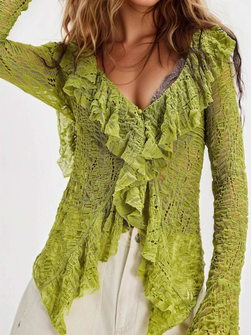 Lace Ruffle V-Neck Blouse - Trendsi - Flyclothing LLC