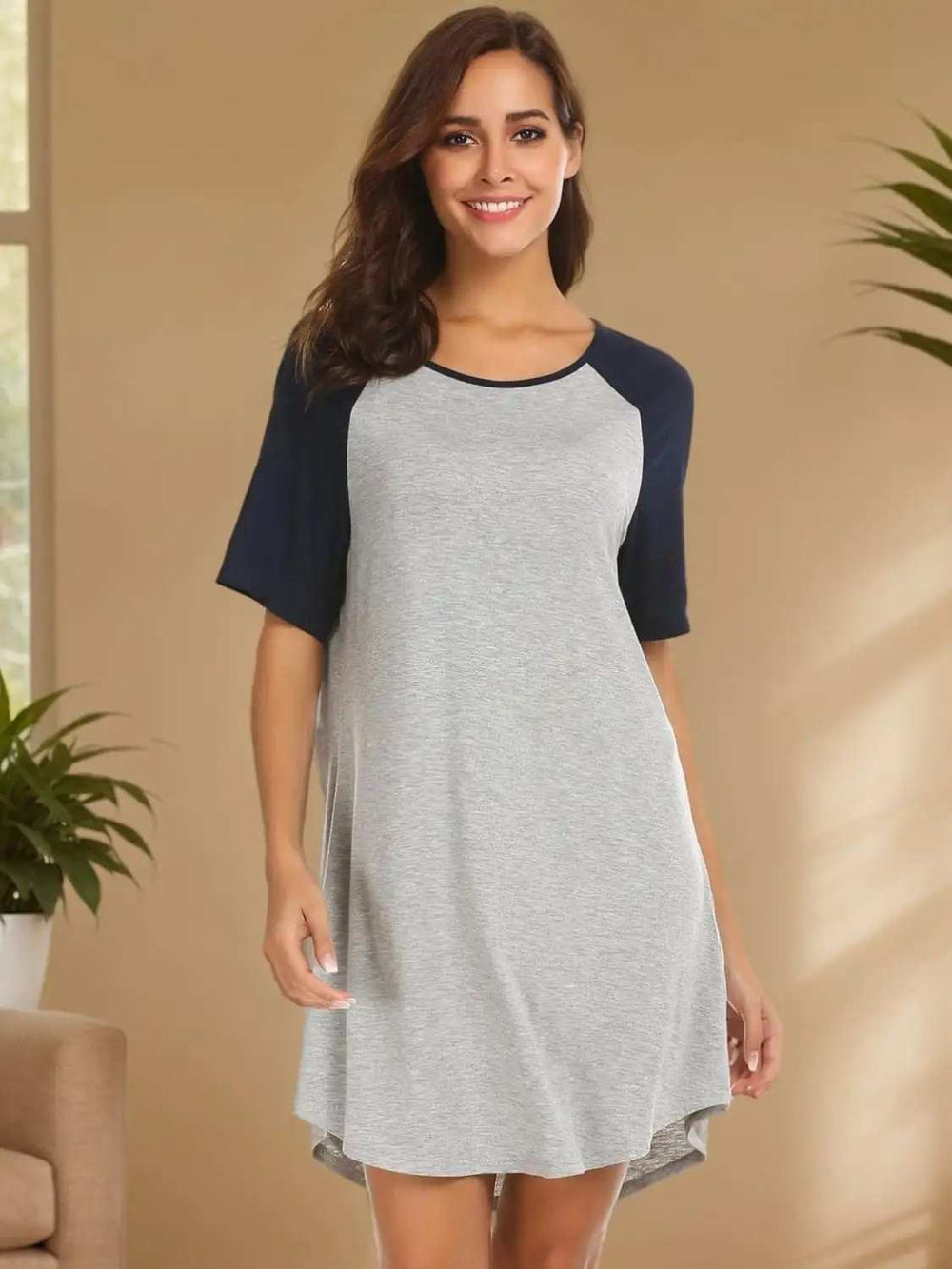 Round Neck Short Sleeve Contrast Lounge Dress - Trendsi - Flyclothing LLC