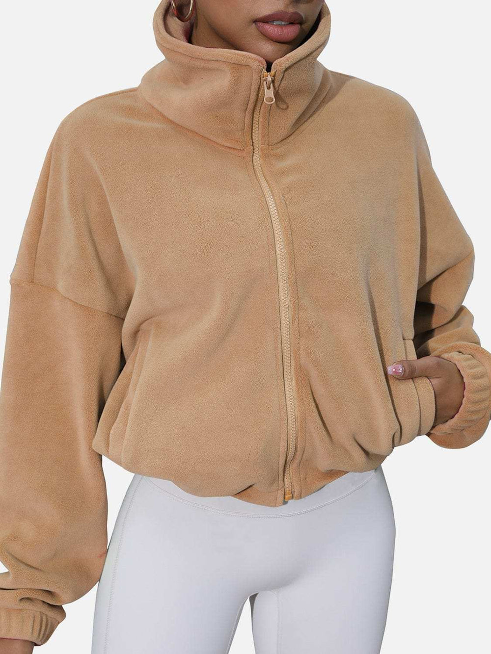Drawstring Turtleneck Zip Up Long Sleeve Jacket - Trendsi - Flyclothing LLC