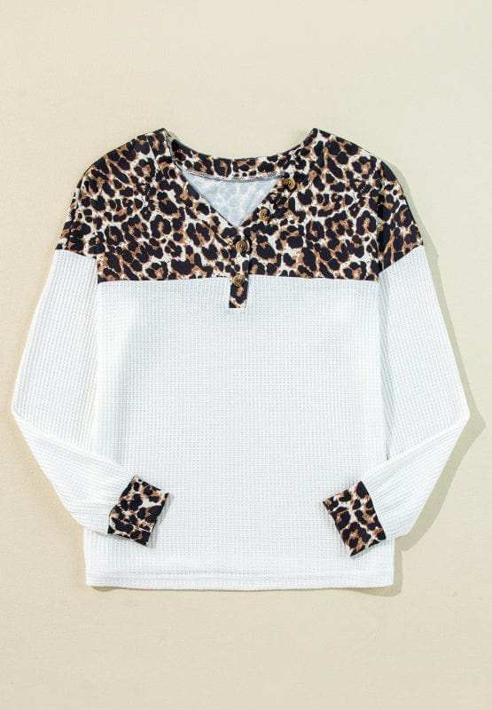 Waffle-Knit Leopard V-Neck Long Sleeve Blouse - Trendsi - Flyclothing LLC