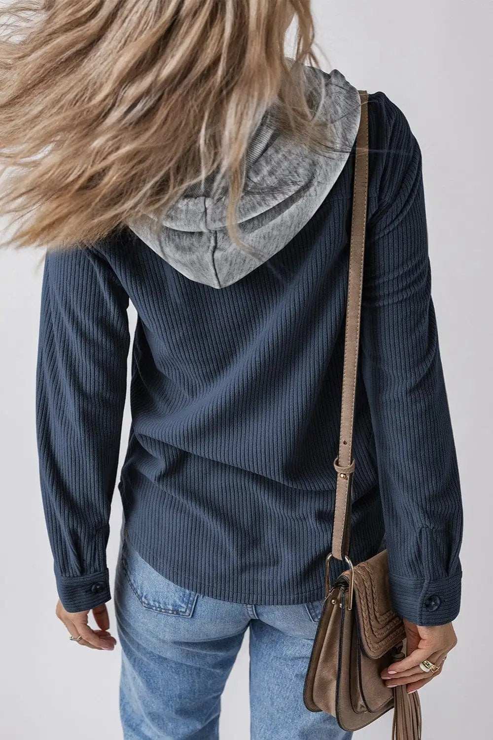 Drawstring Button Up Long Sleeve Hooded Jacket - Trendsi - Flyclothing LLC