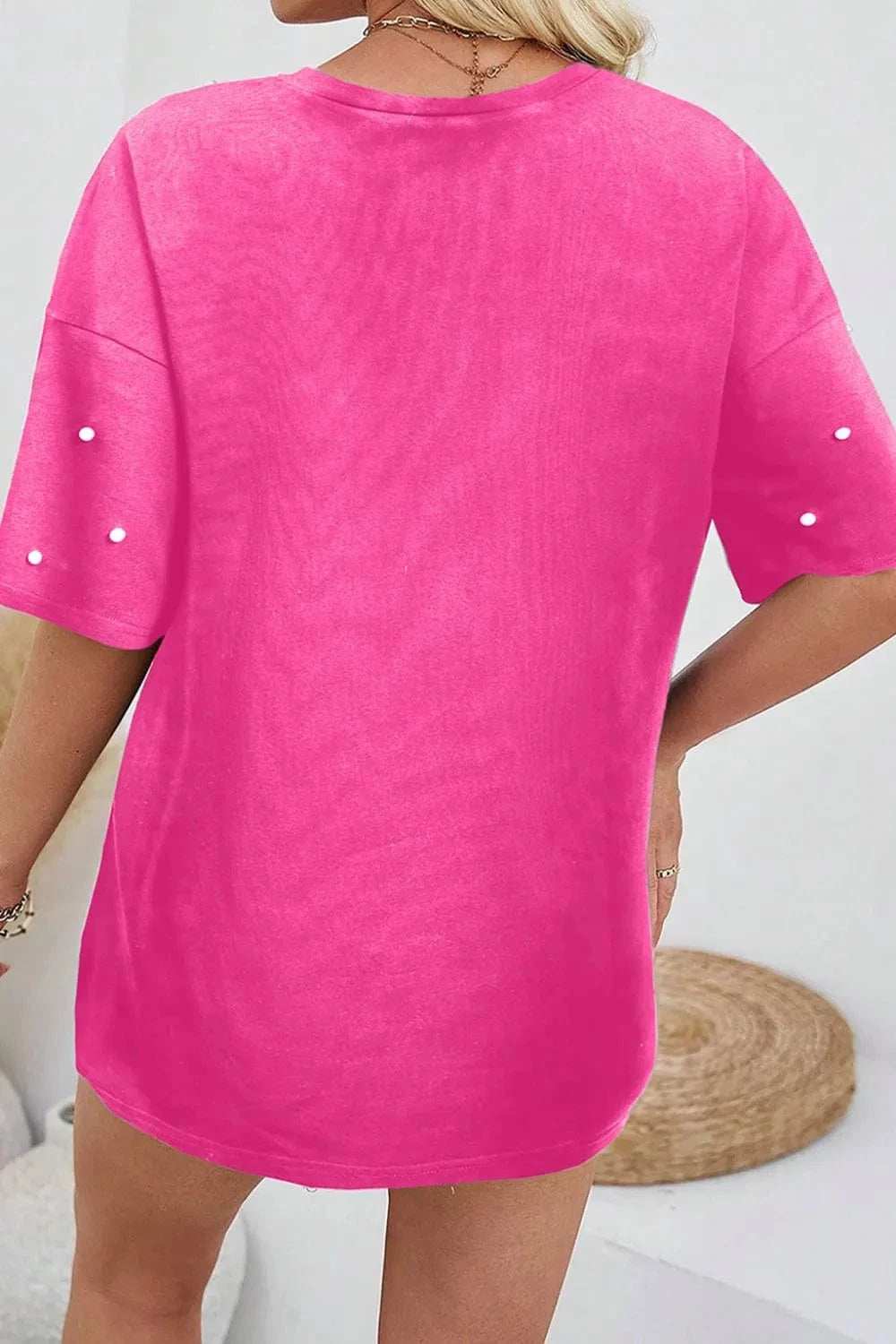 Pearl Detail Round Neck Half Sleeve T-Shirt - Trendsi - Flyclothing LLC