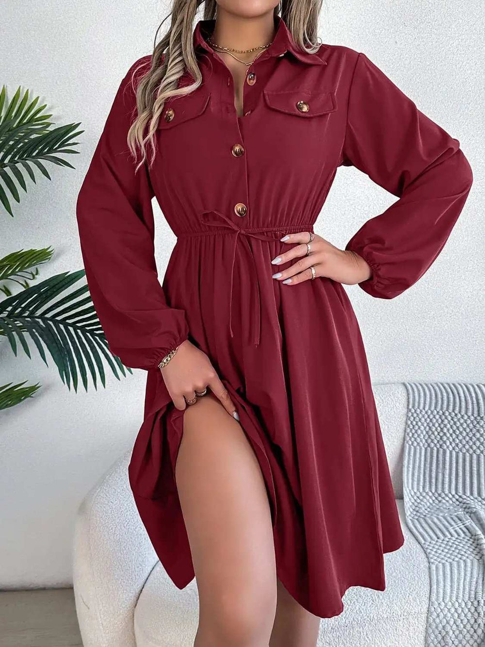 Collared Neck Long Sleeve Dress with Pockets - Trendsi - Flyclothing LLC