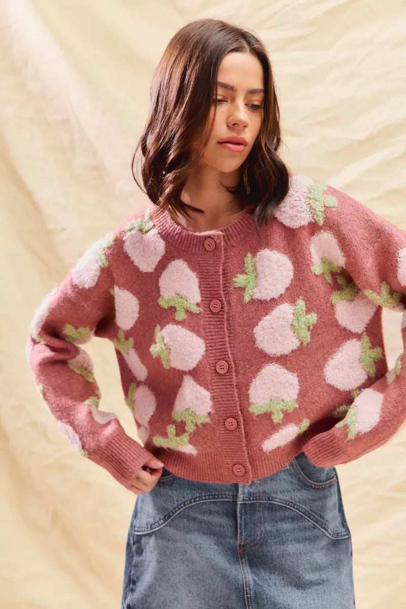 SO ME Strawberry Fruit All Over Button Sweater Cardigan - Trendsi - Flyclothing LLC