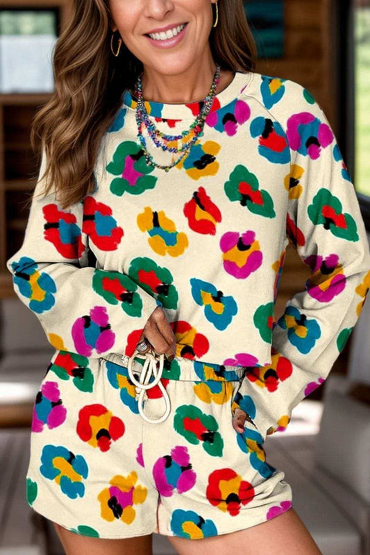 Leopard Round Neck Long Sleeve Top and Drawstring Shorts Set - Trendsi - Flyclothing LLC