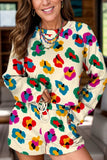 Leopard Round Neck Long Sleeve Top and Drawstring Shorts Set - Trendsi - Flyclothing LLC