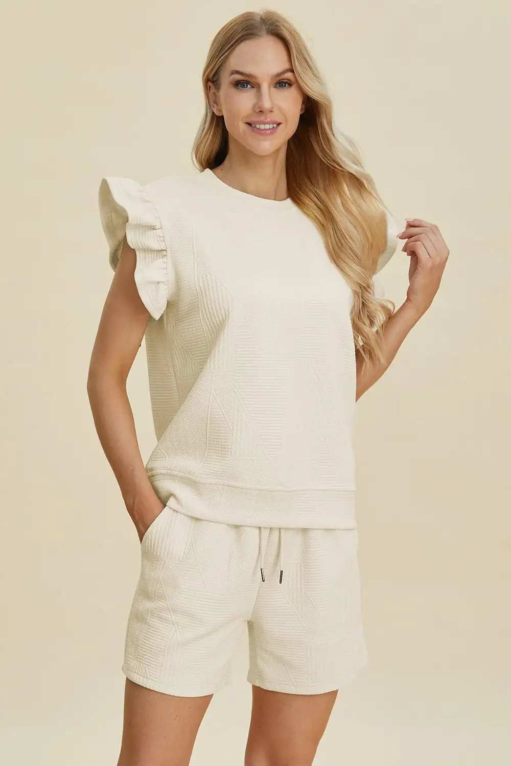 Double Take Full Size Texture Round Neck Ruffle Sleeve Top and Shorts Set - Trendsi - Flyclothing LLC