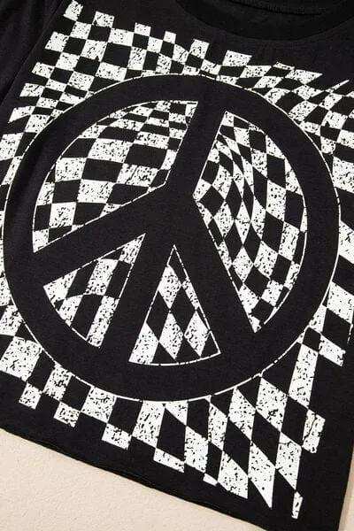 Checkered Peace Sign Round Neck T-Shirt - Trendsi - Flyclothing LLC