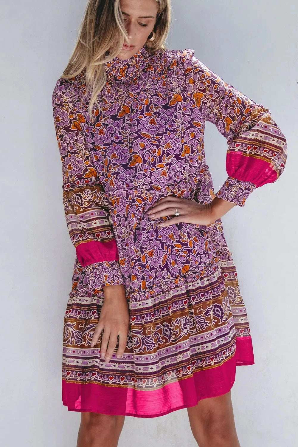 Smocked Floral Turtleneck Long Sleeve Dress - Trendsi - Flyclothing LLC