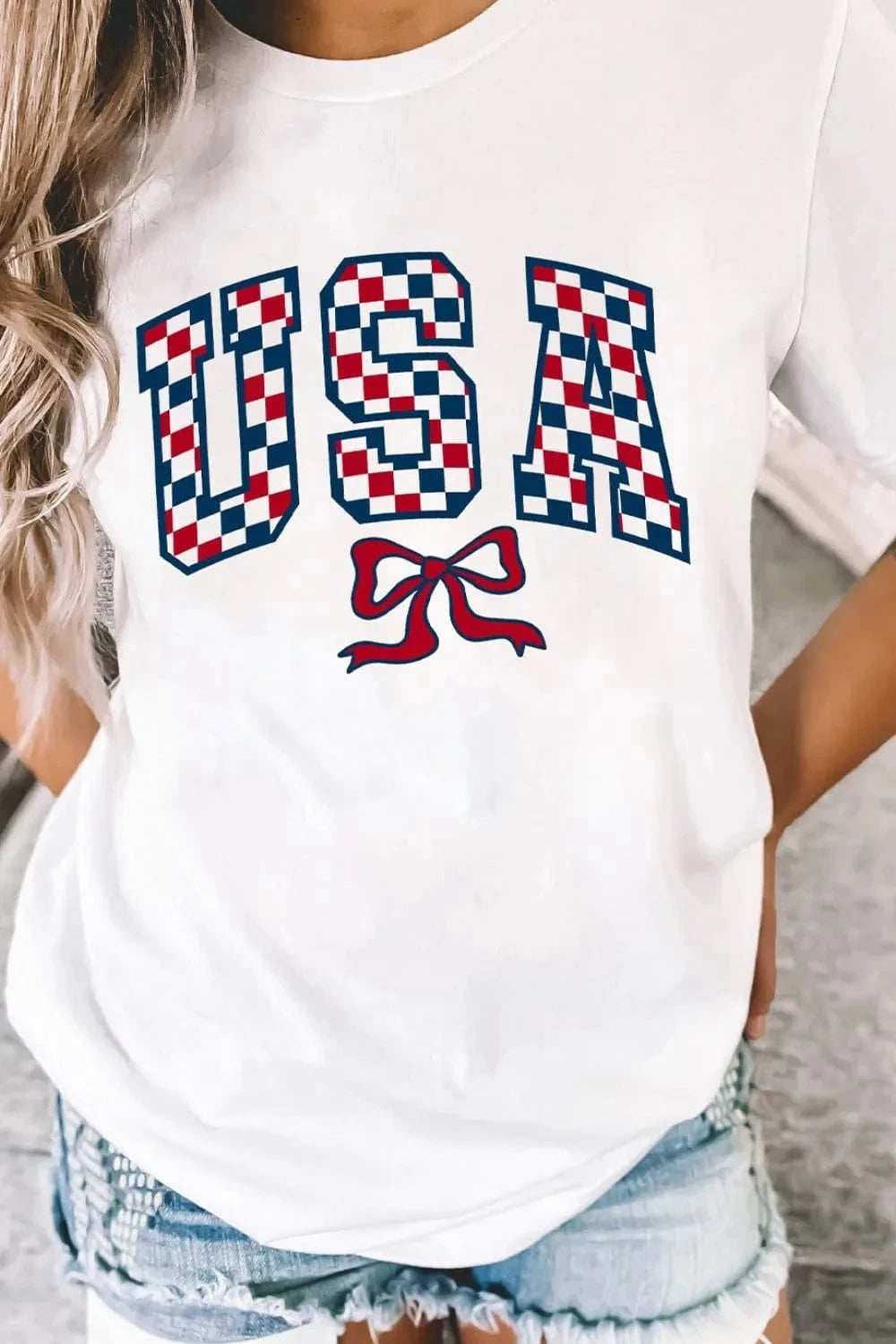 Checkered USA Graphic Round Neck Tee - Trendsi - Flyclothing LLC