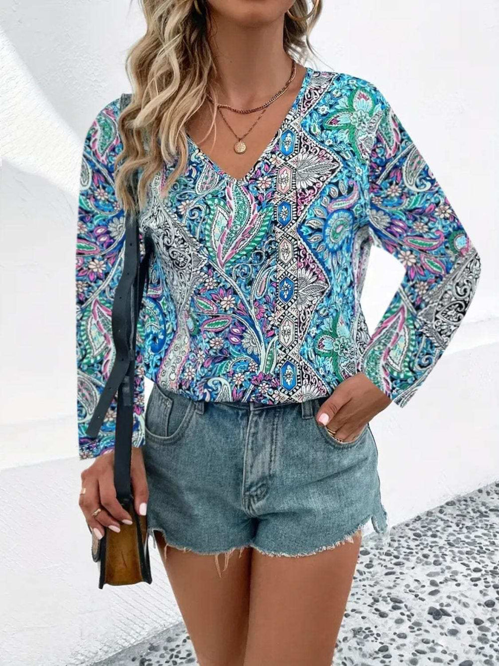 Printed V-Neck Long Sleeve Blouse - Trendsi - Flyclothing LLC