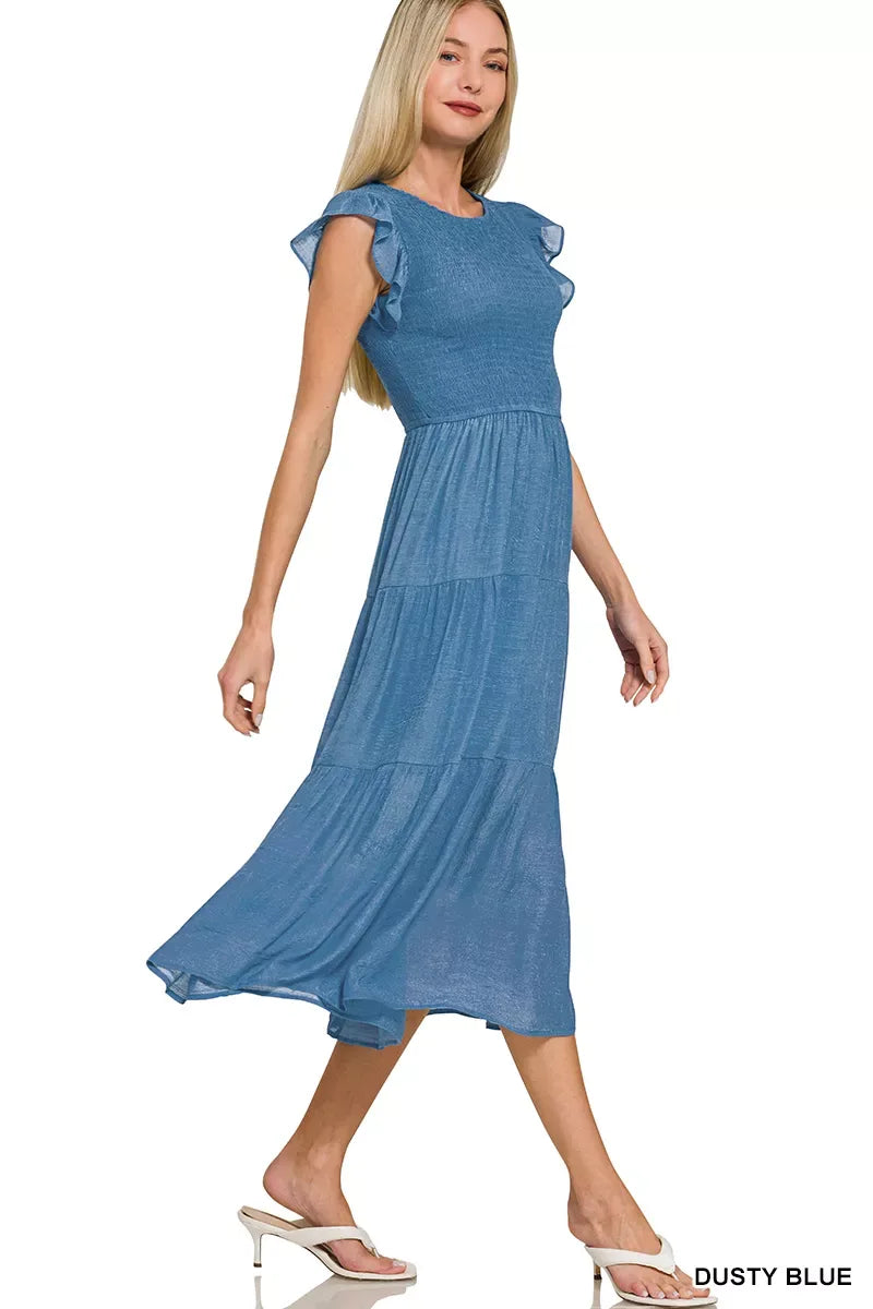 Zenana Woven Smocked Ruffle Sleeve Midi Dress - Trendsi - Flyclothing LLC