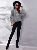 Ruched Printed V-Neck Long Sleeve Blouse - Trendsi - Flyclothing LLC