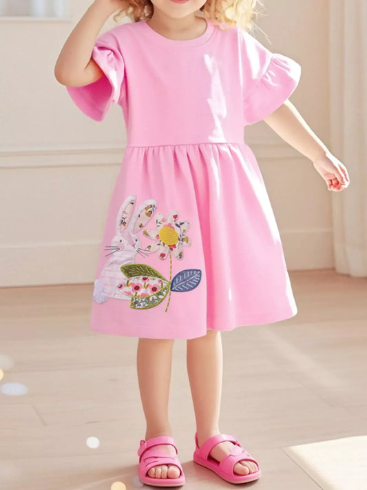Children's Bunny Embroidered Round Neck Dress - Trendsi - Flyclothing LLC