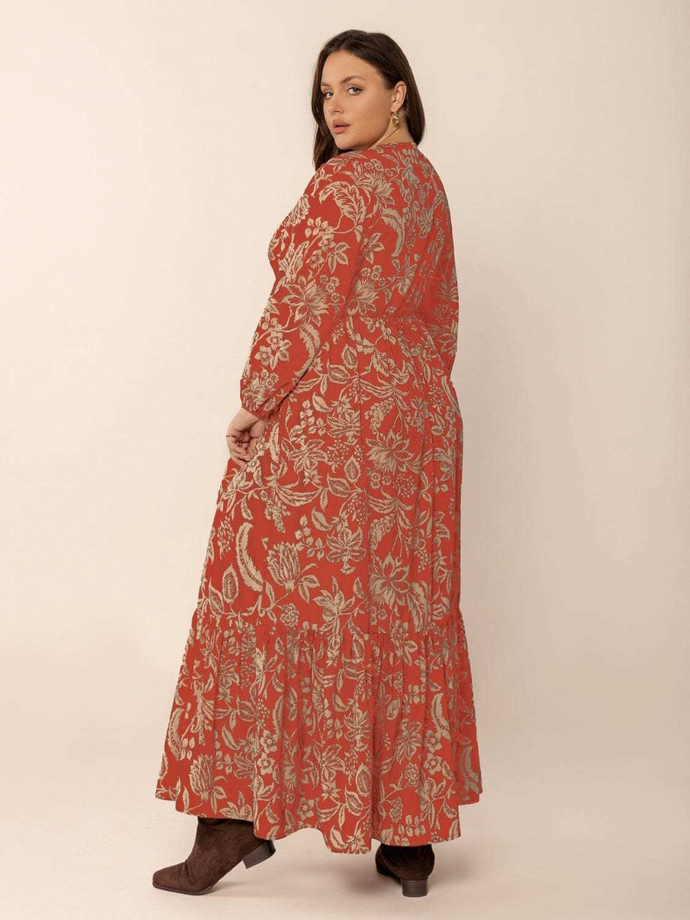 Plus Size Lace Detail Printed Balloon Sleeve Midi Dress - Trendsi - Flyclothing LLC
