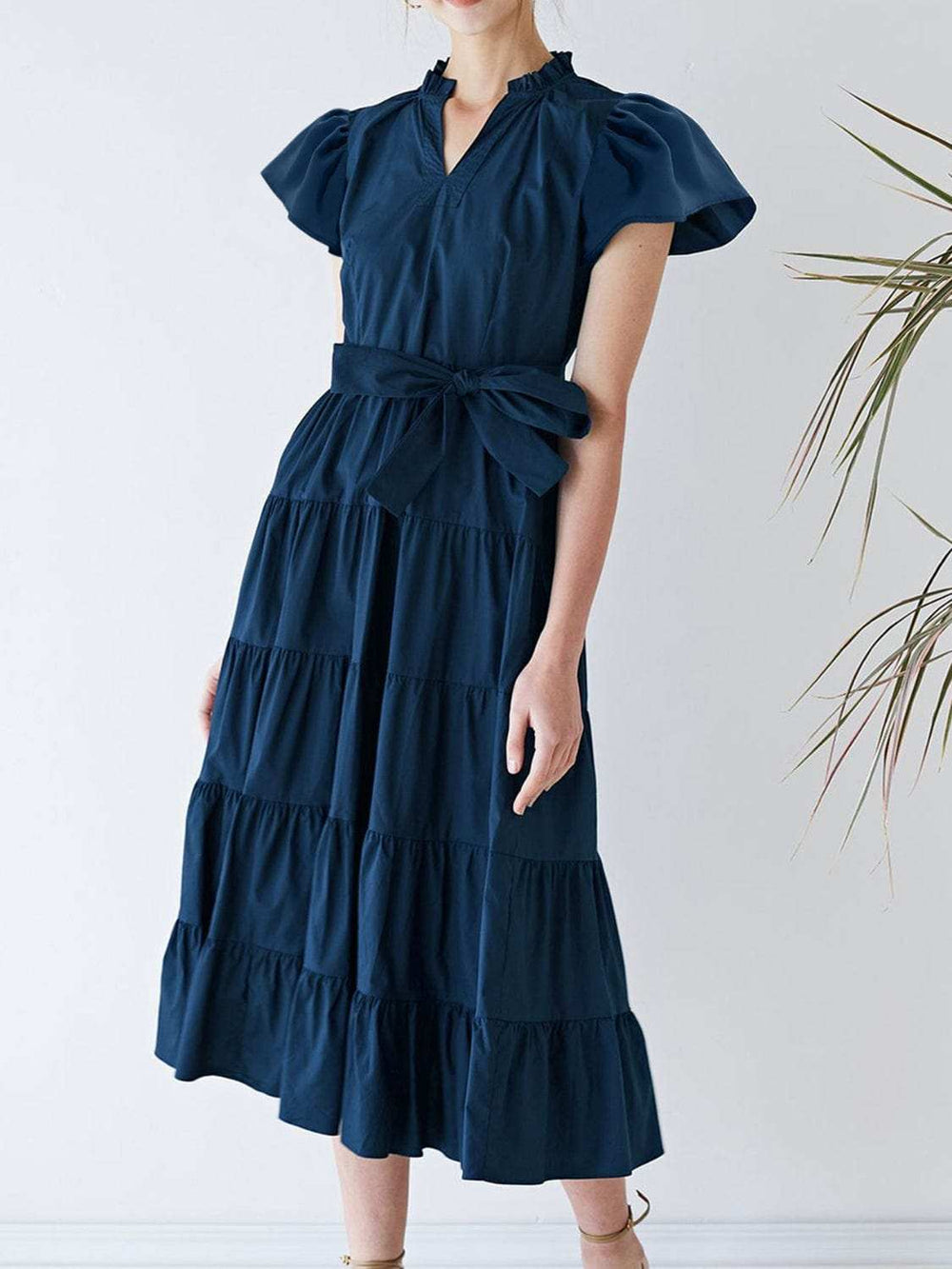 Ruched Tiered Notched Short Sleeve Dress - Trendsi - Flyclothing LLC