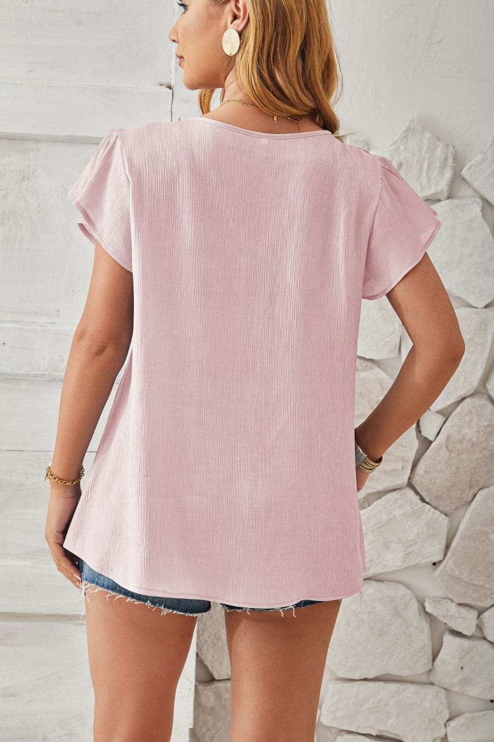 Ruched V-Neck Flounce Sleeve Blouse - Trendsi - Flyclothing LLC
