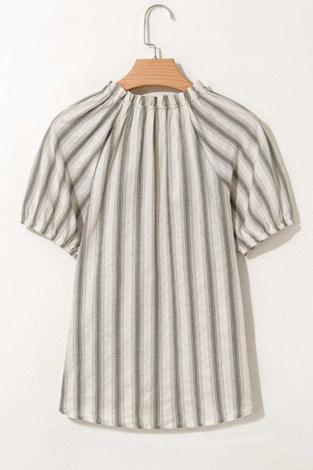 Stripe Frilled Tie Neck Short Sleeve Blouse - Trendsi - Flyclothing LLC