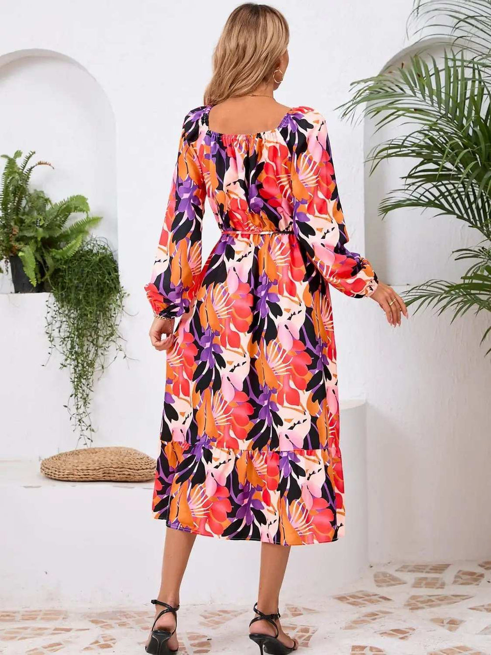 Printed Long Sleeve Midi Dress - Trendsi - Flyclothing LLC