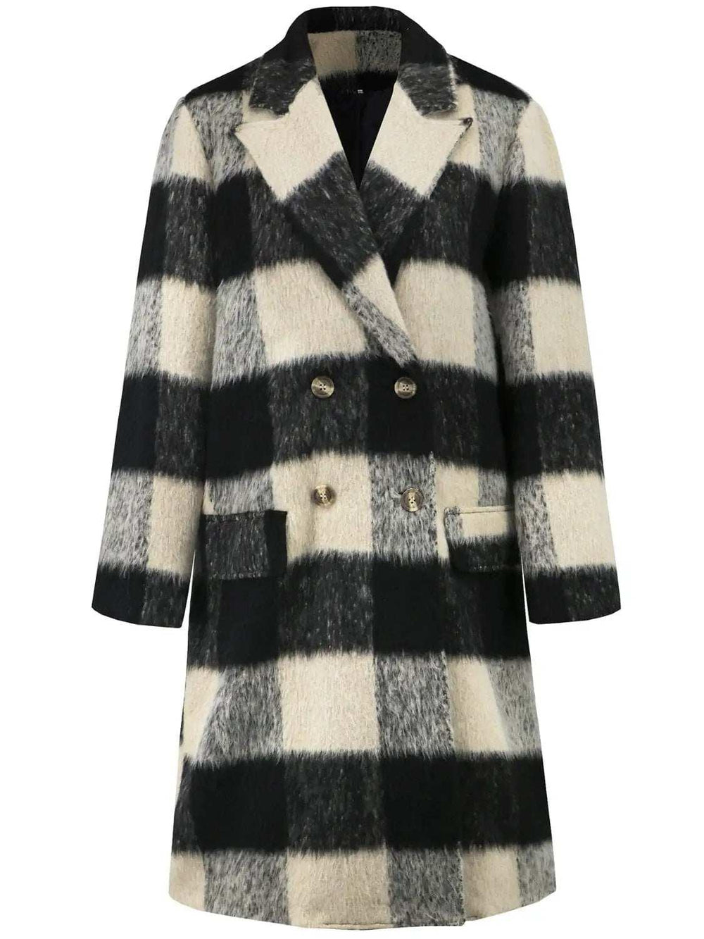 Plaid Double-Breasted Long Sleeve Coat - Trendsi - Flyclothing LLC