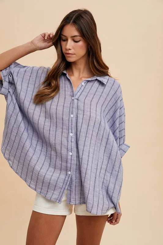 Annie Wear Striped Button Up Half Sleeve Shirt - Trendsi - Flyclothing LLC