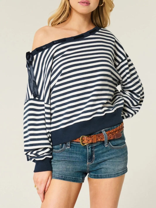 Striped Off-Shoulder Ribbon Accent Sweatshirt - Trendsi - Flyclothing LLC
