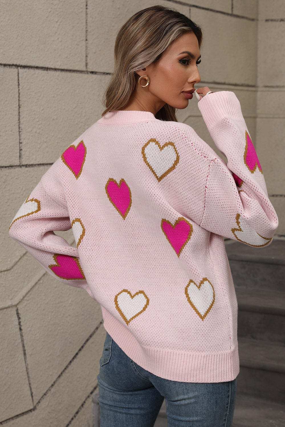 Angel Wings Contrast Heart Round Neck Long Sleeve Sweater - Trendsi - Flyclothing LLC