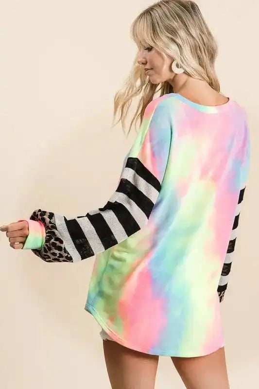 BiBi Tie Dye V Neck Top with Stripe Puff Sleeves - Trendsi - Flyclothing LLC
