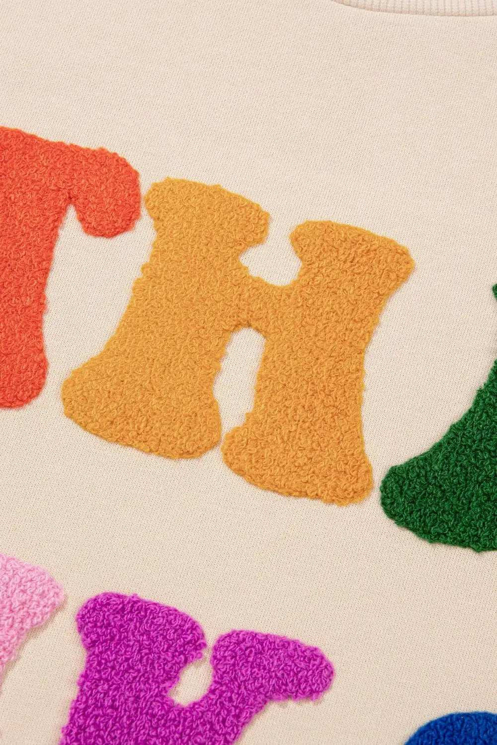 THANKS Round Neck Long Sleeve Sweatshirt - Trendsi - Flyclothing LLC