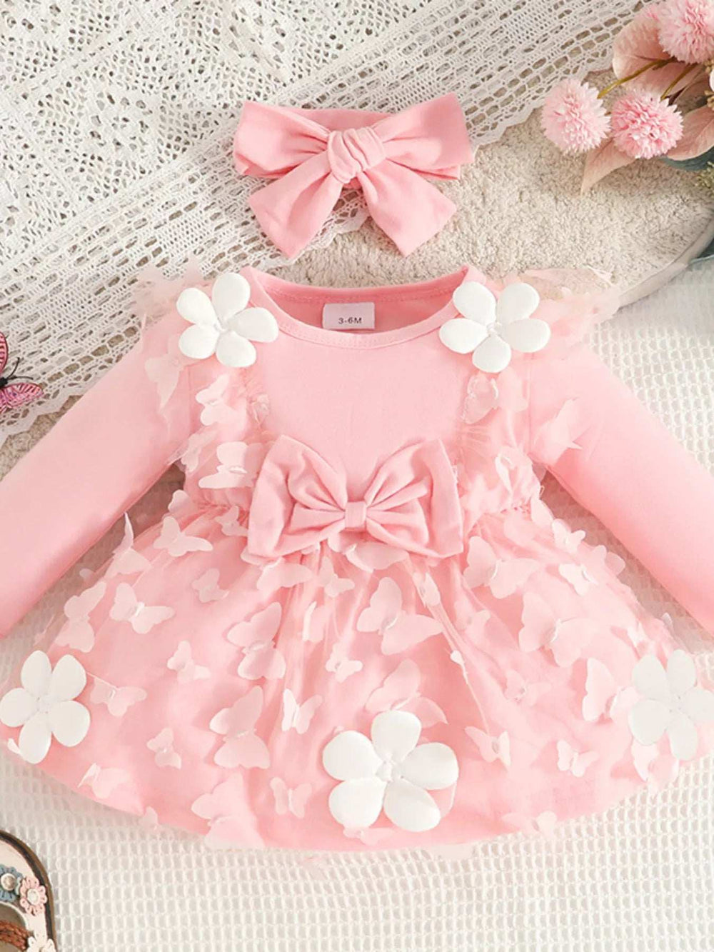 Children's Butterfly Decor Flower Applique Dress with Headband - Trendsi - Flyclothing LLC