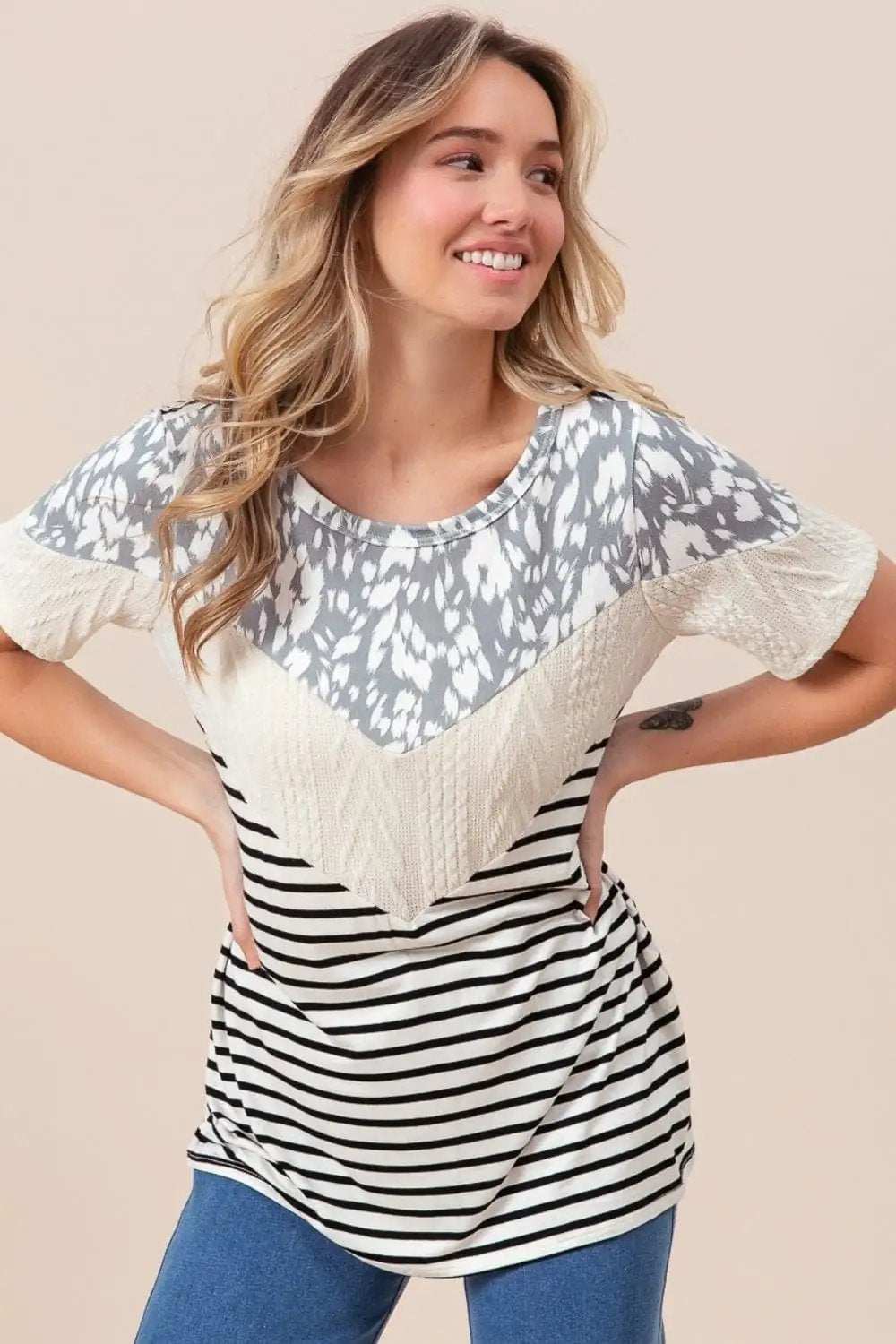 BiBi Printed Color Block Short Sleeve T-Shirt - Trendsi - Flyclothing LLC