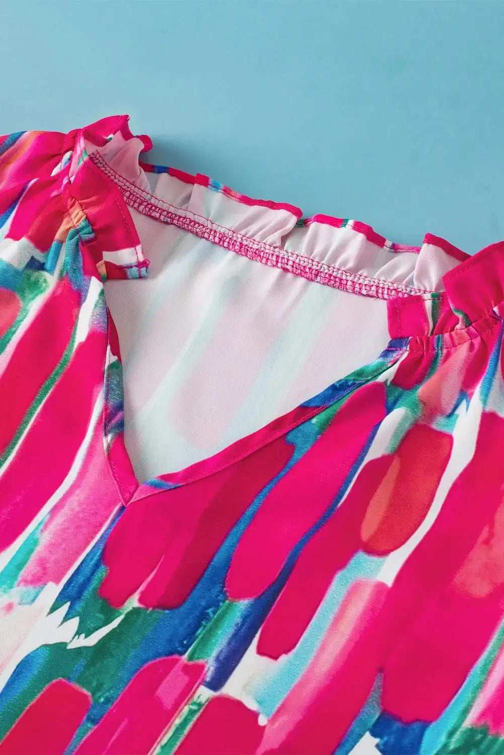 Ruffled Printed Notched Cap Sleeve Blouse - Trendsi - Flyclothing LLC