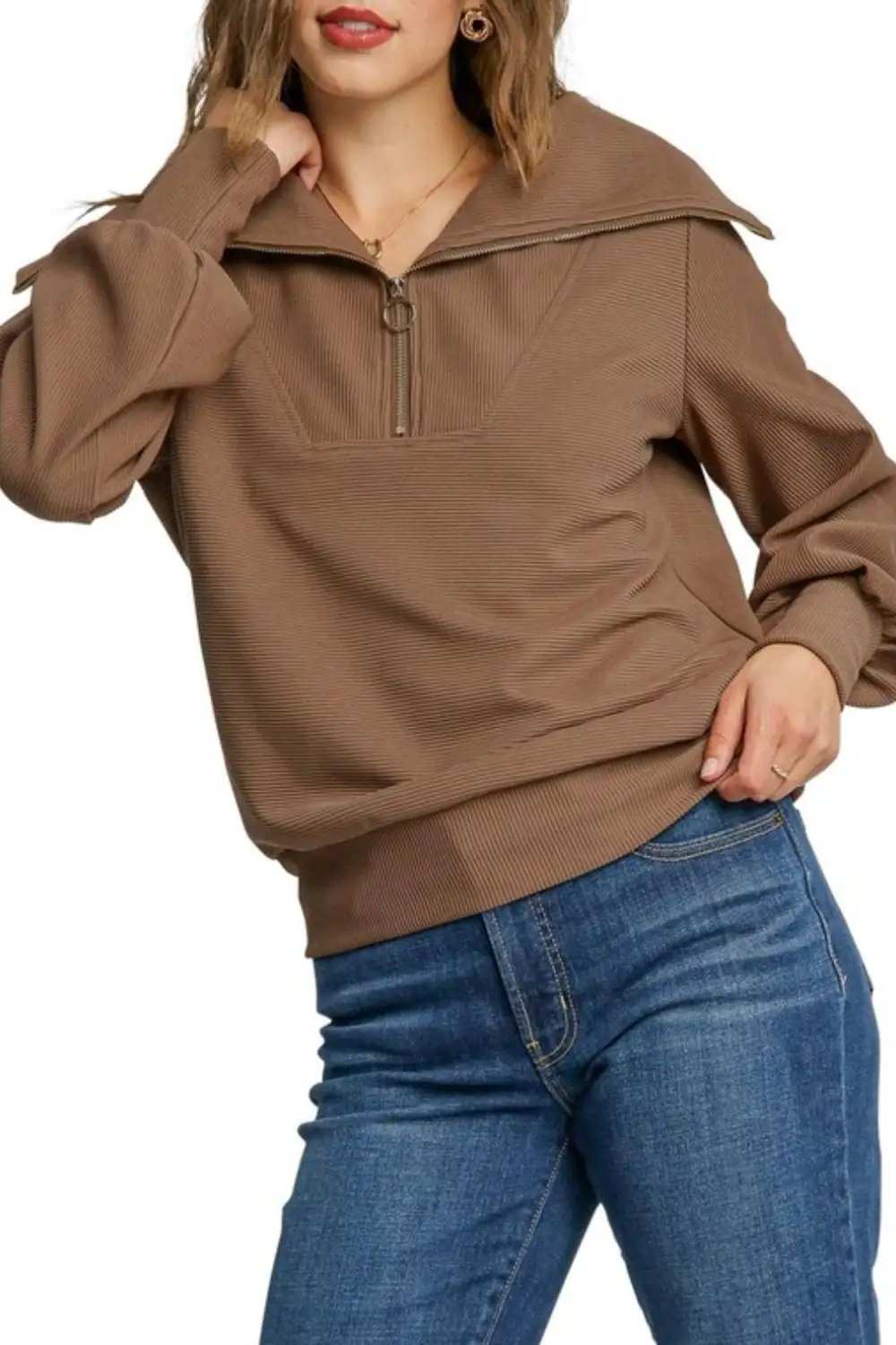 Umgee Full Size Ribbed Knit Half Zipper Sweatshirt Plus Size - Trendsi - Flyclothing LLC