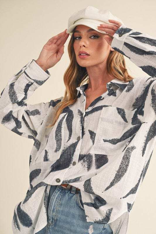 Aemi + Co High-Low Printed Button Up Long Sleeve Shirt - Trendsi - Flyclothing LLC