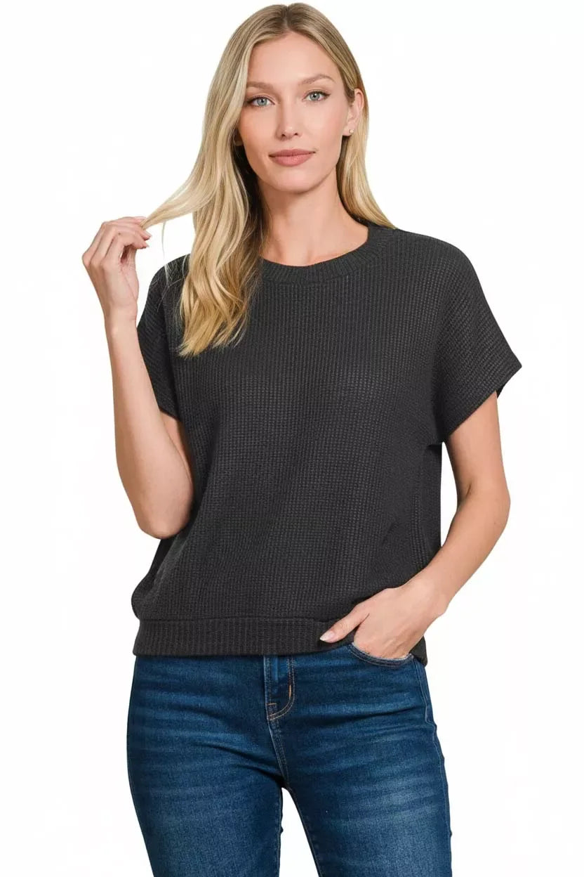 Zenana Round Neck Banded Botton Short Sleeve Sweater - Trendsi - Flyclothing LLC