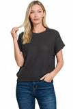 Zenana Round Neck Banded Botton Short Sleeve Sweater - Trendsi - Flyclothing LLC