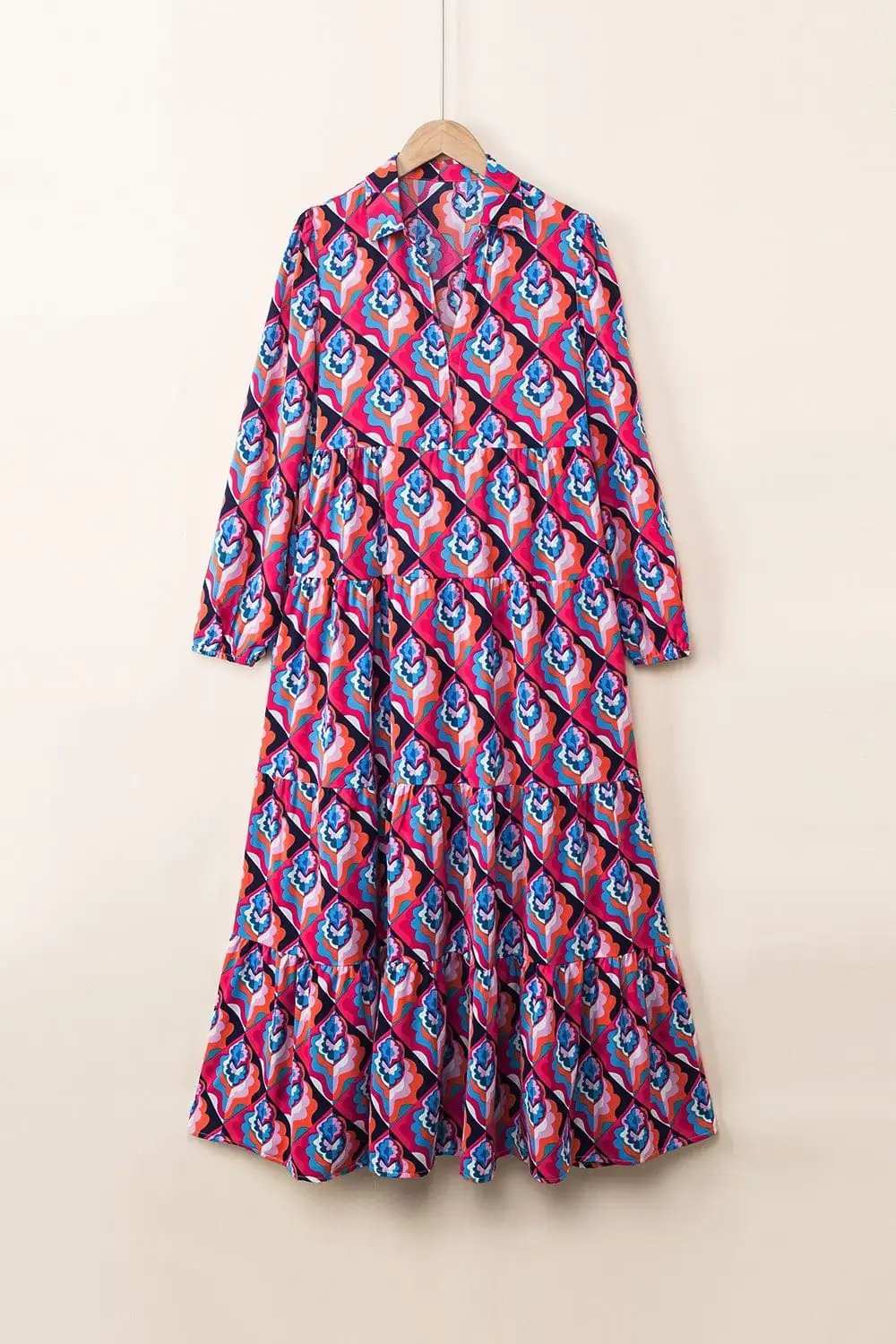 Printed Collared Neck Long Sleeve Midi Dress - Trendsi - Flyclothing LLC