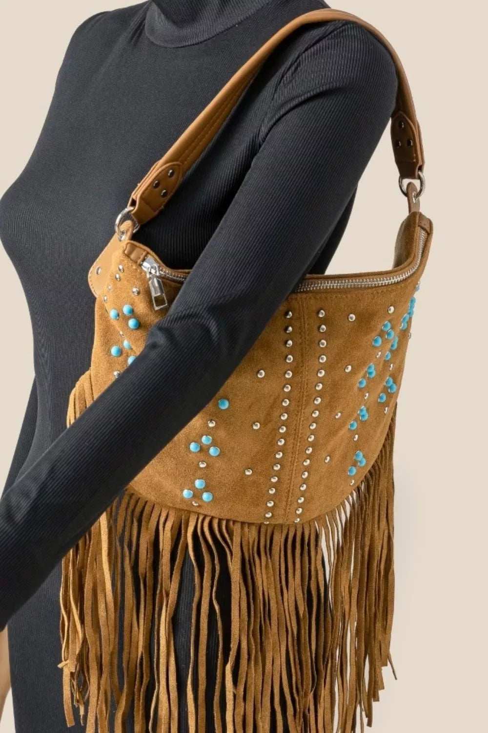 Fame Studded Pattern Multi Fringe Hobo Shoulder Bag - Trendsi - Flyclothing LLC