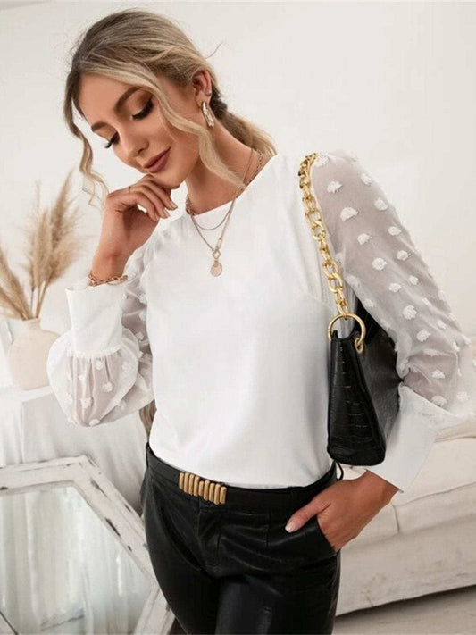 Swiss Dot Round Neck Long Sleeve Blouse - Trendsi - Flyclothing LLC