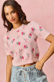 SO ME Floral Pattern Knit Puff Sleeves Sweater Top - Trendsi - Flyclothing LLC