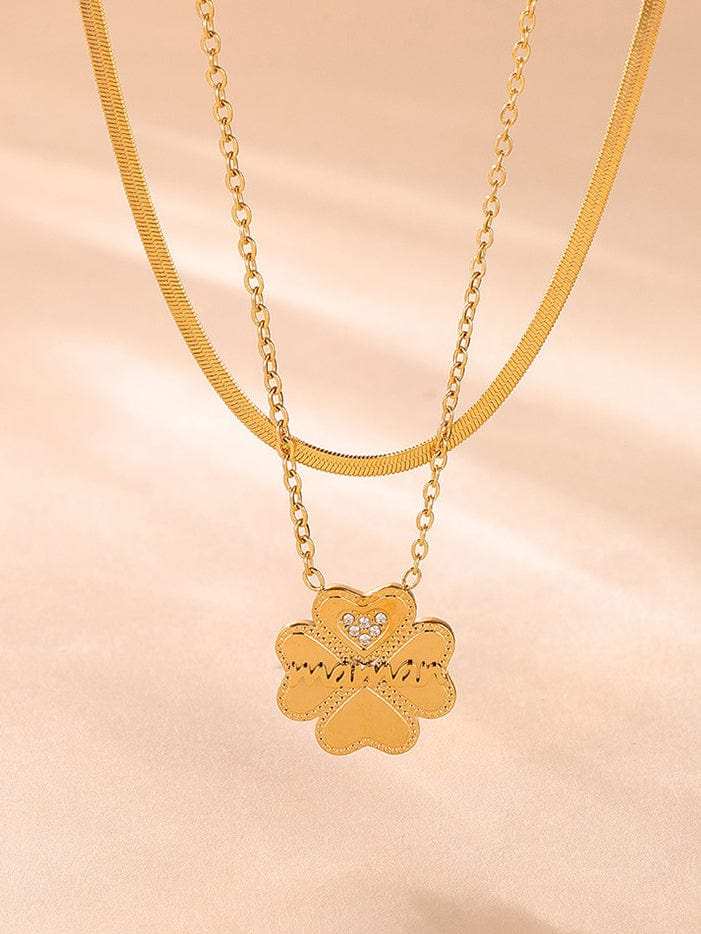 2 Piece 18K Gold-Plated Inlaid Zircon Lucky Clover Necklace - Trendsi - Flyclothing LLC