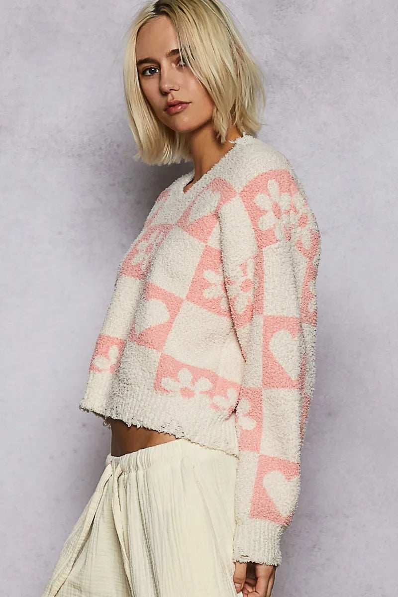 POL V-Neck Heart Pattern Checkered Sweater - Trendsi - Flyclothing LLC